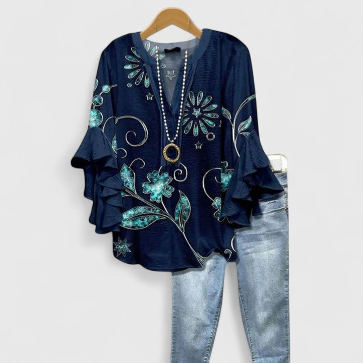 Myravelle - Damesblouse met bohemien print en elegante volantmouwen