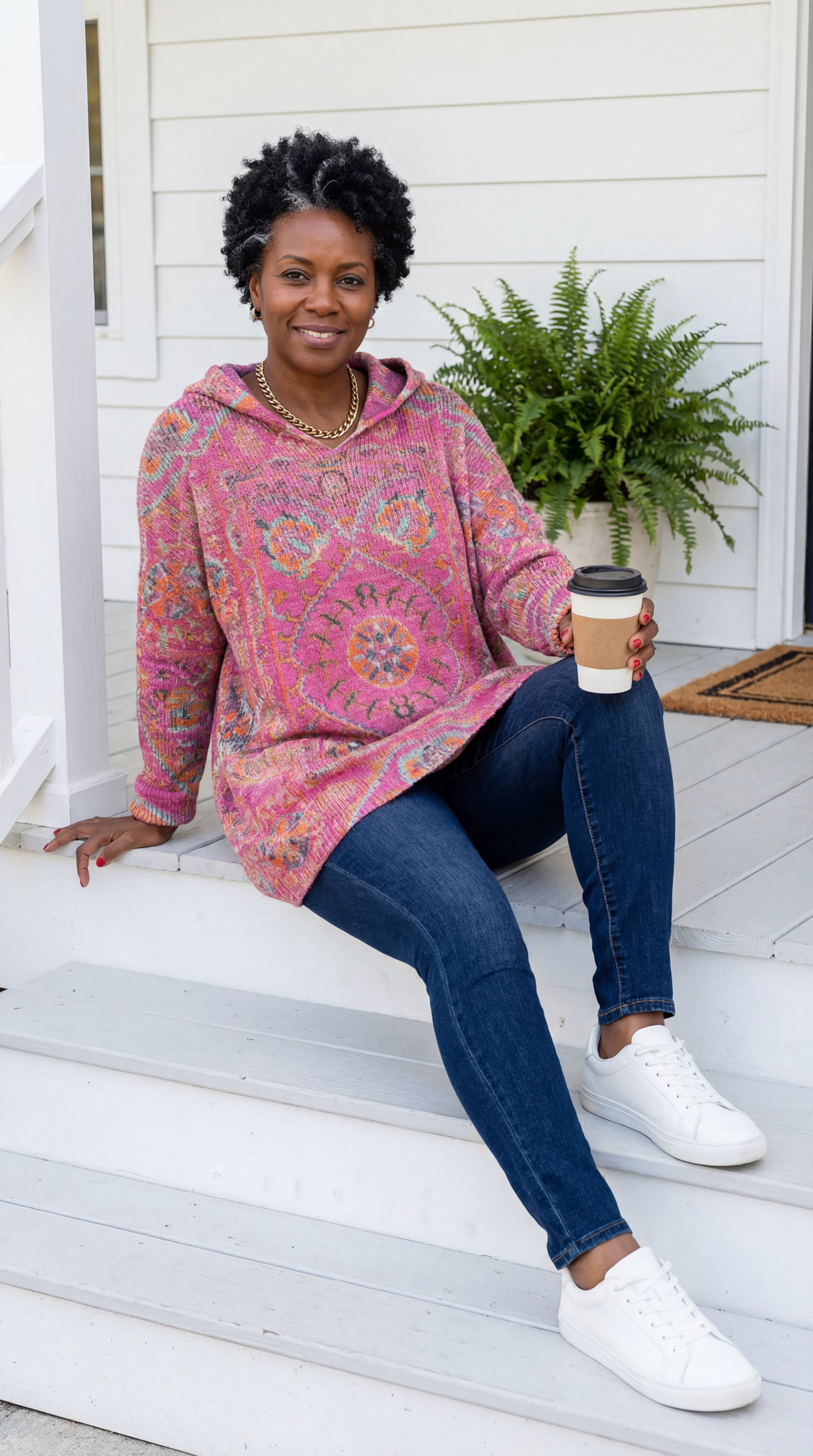 Hynessa - Dames tuniek met capuchon, gedrukte, losse, moderne casual stijl