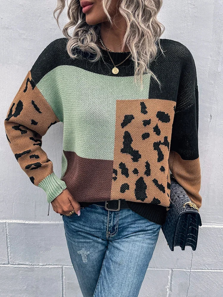 Kalirienne - Gebreide Patchwork Trui met Luipaardprint