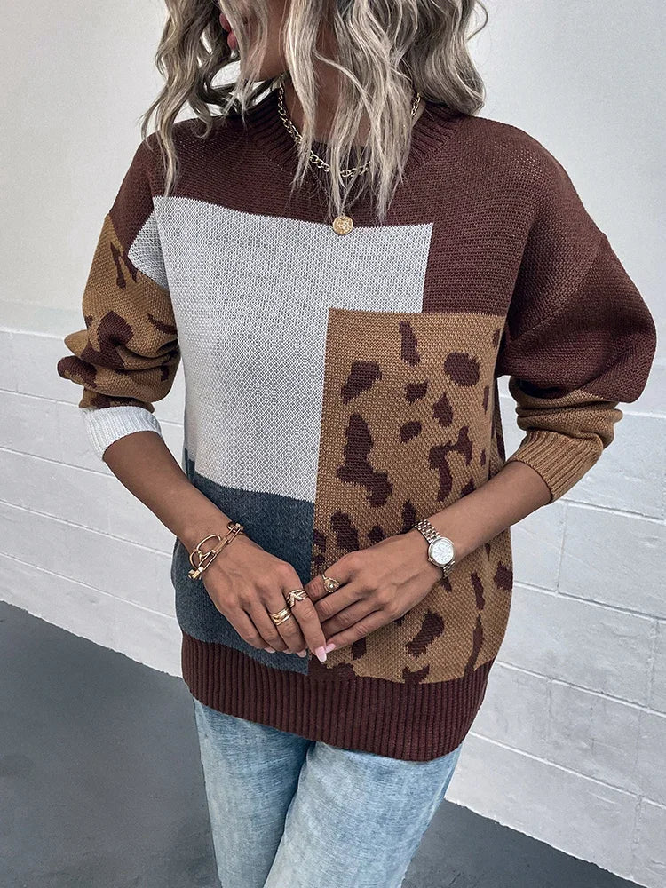 Kalirienne - Gebreide Patchwork Trui met Luipaardprint