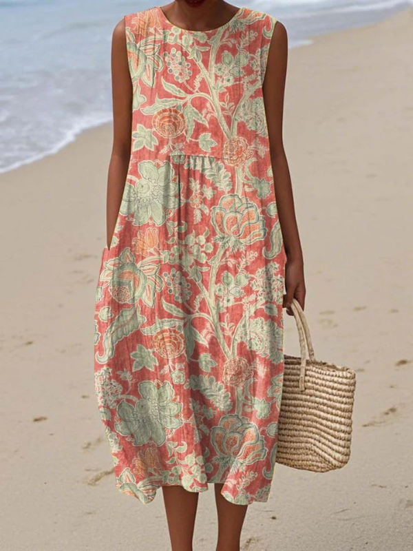 Anovia - Midi jurk voor dames zonder mouwen met bloemenprint