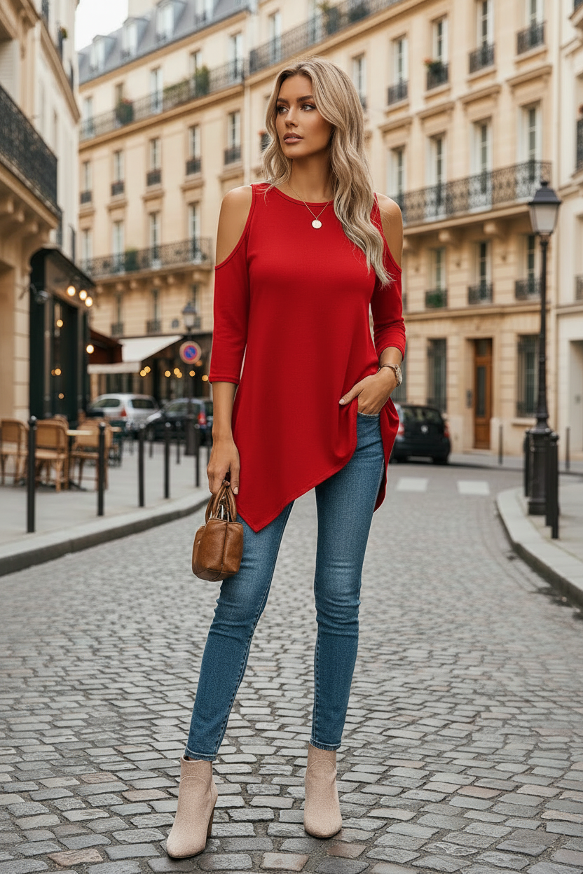 Delyxa - Dames Top Asymmetrische Snit Schouder Ontblote Moderne Stijl
