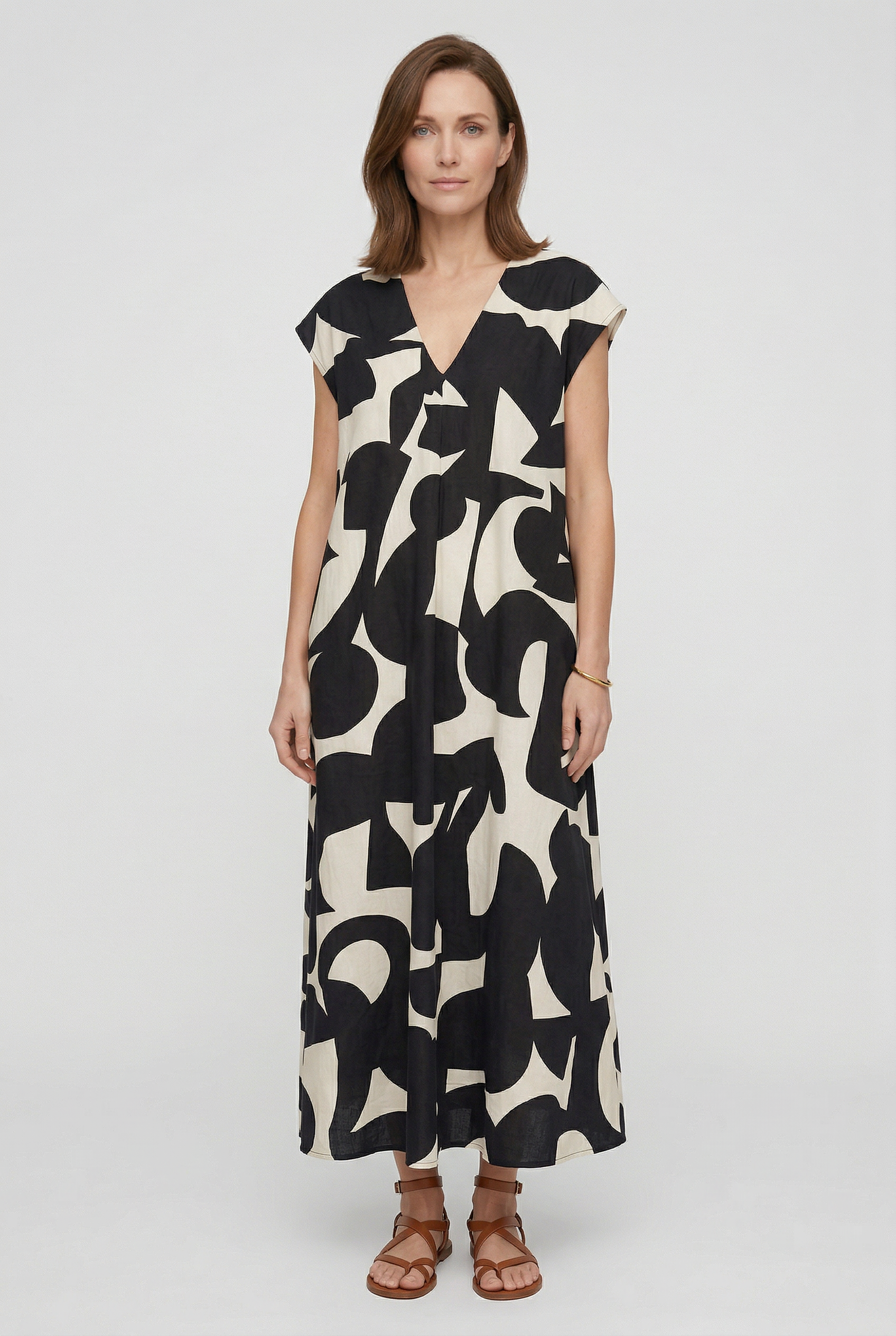 Heliorae - Lange jurk voor vrouwen met V-hals en abstracte print