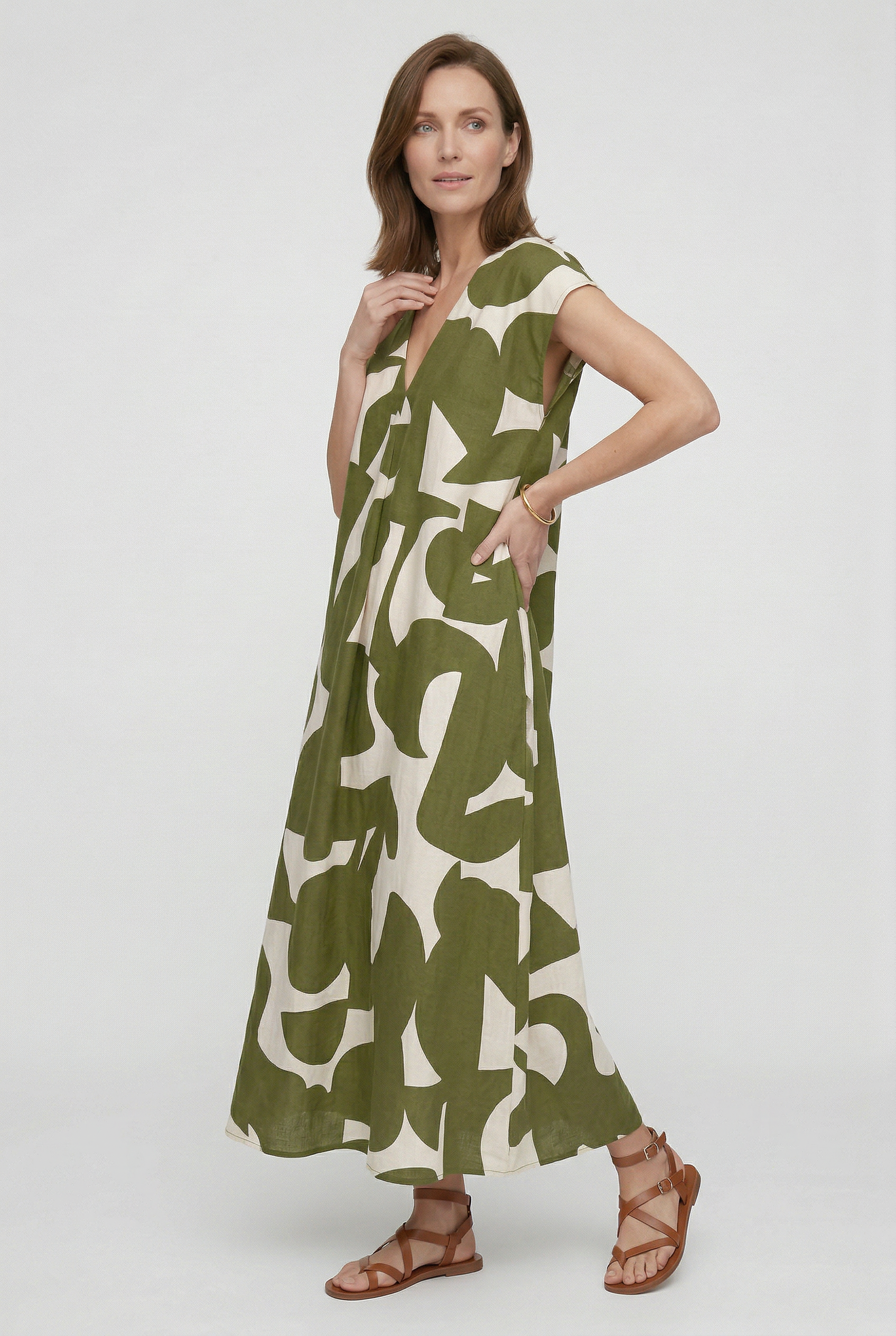 Heliorae - Lange jurk voor vrouwen met V-hals en abstracte print