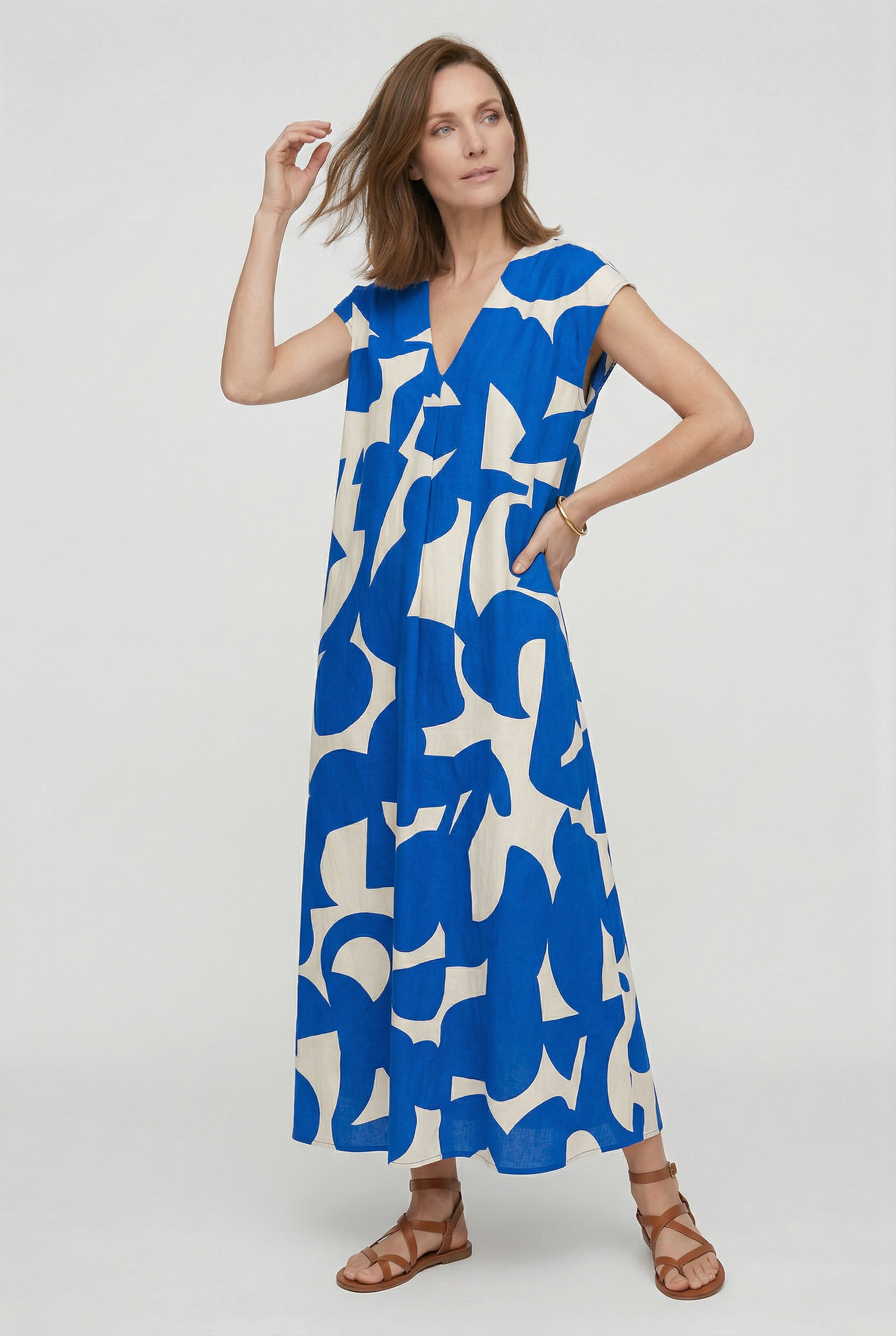Heliorae - Lange jurk voor vrouwen met V-hals en abstracte print
