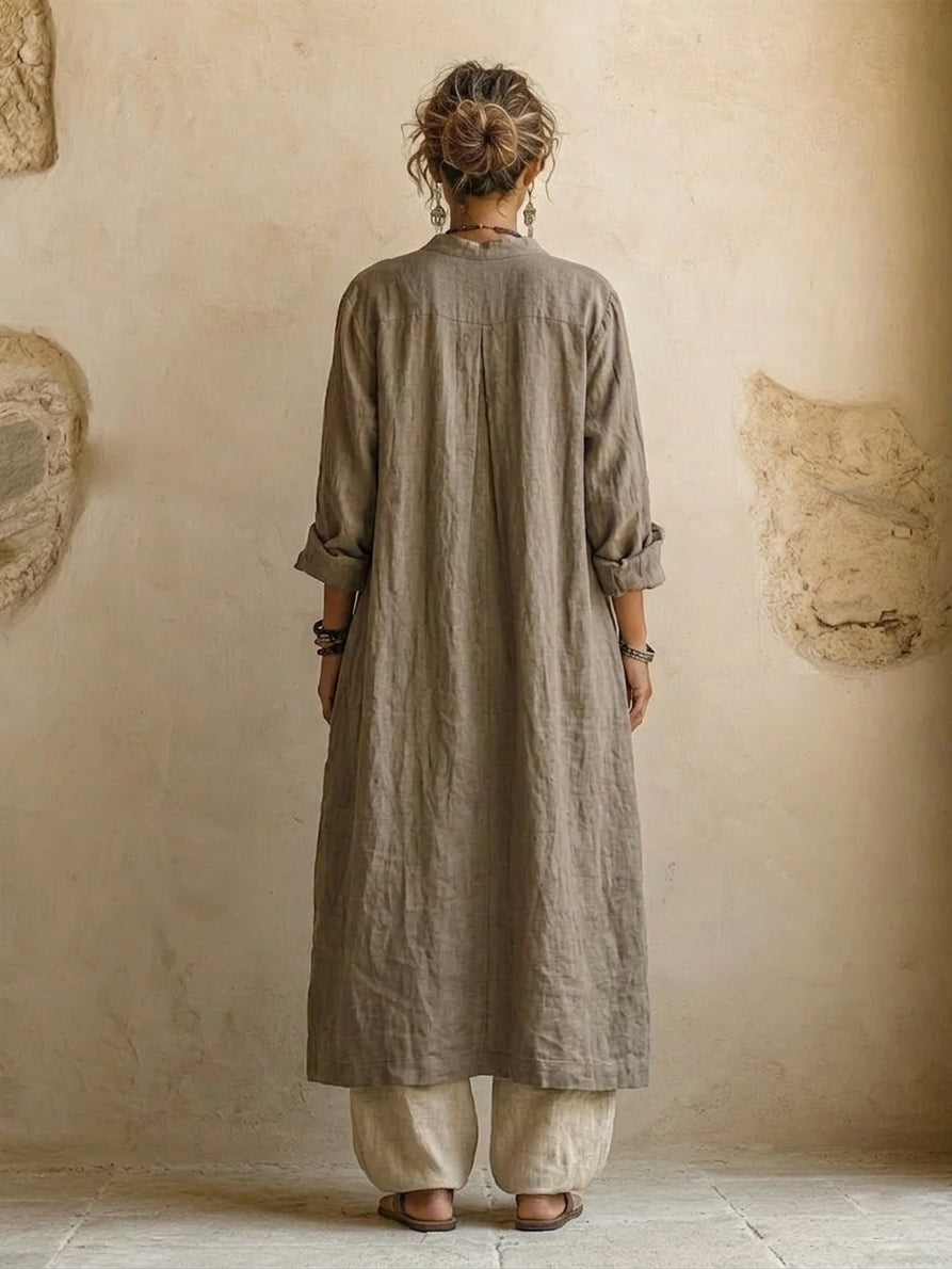 Ravelyn - Vrouwen ensemble 3-delig linnen katoen top cardigan wijde broek