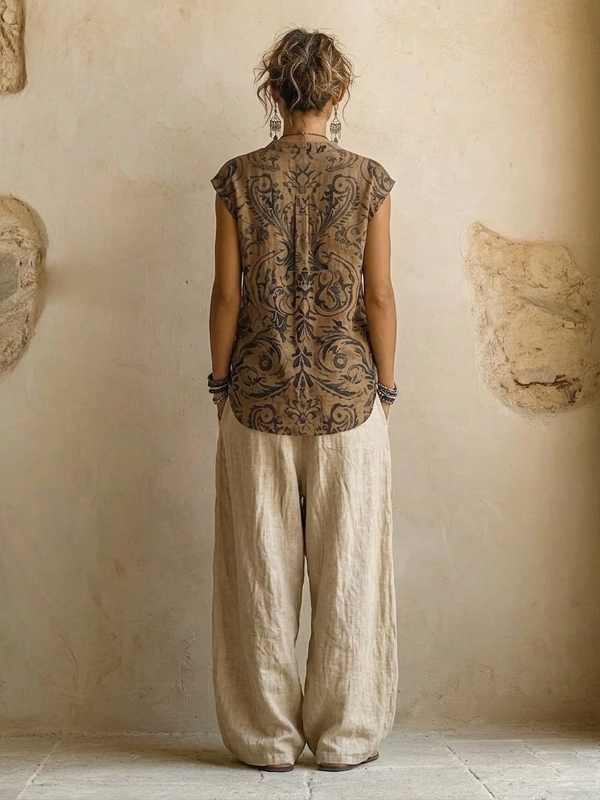 Ravelyn - Vrouwen ensemble 3-delig linnen katoen top cardigan wijde broek