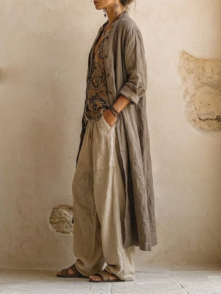 Ravelyn - Vrouwen ensemble 3-delig linnen katoen top cardigan wijde broek