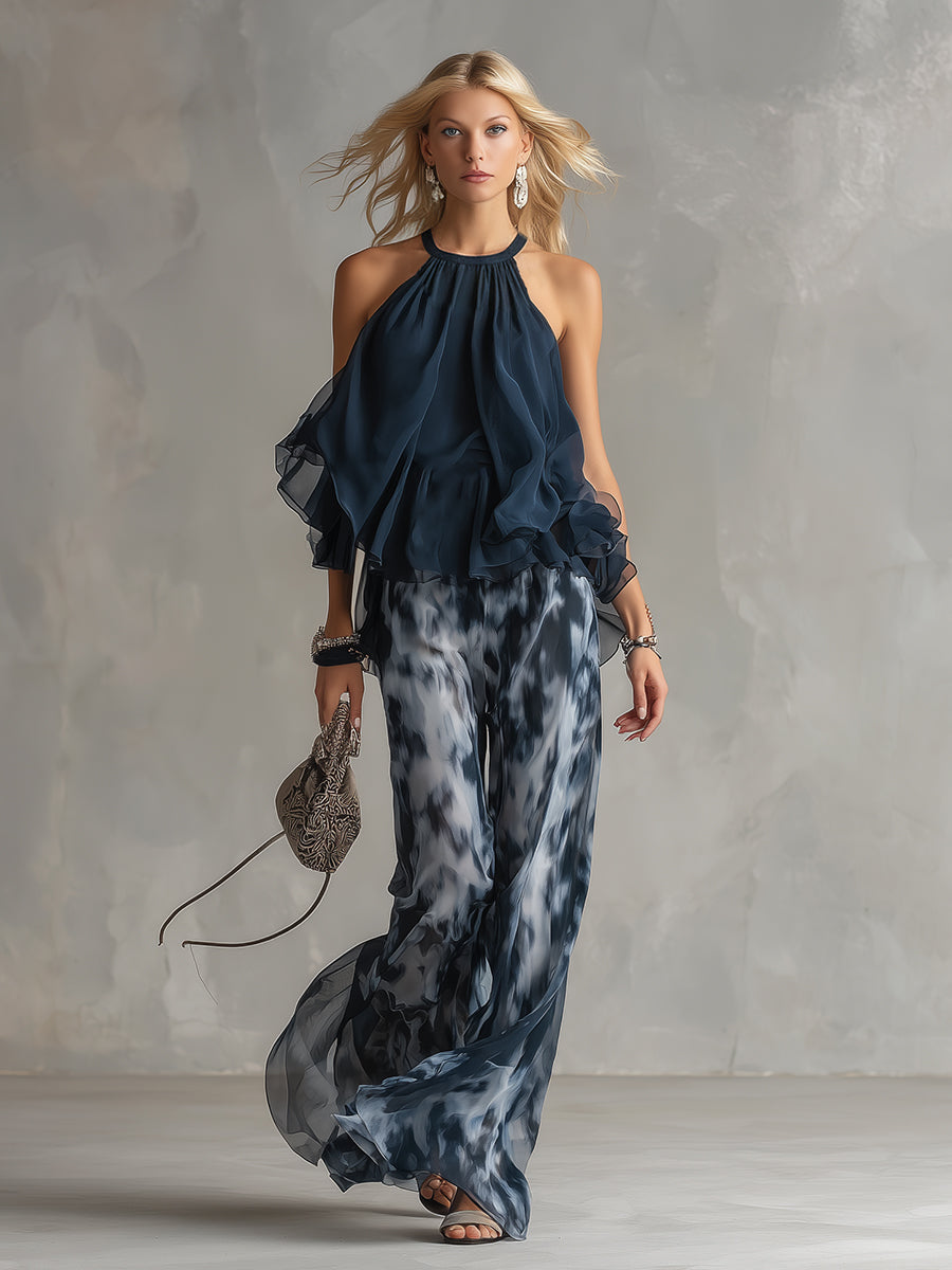 Pheronia - Dames tweedelige chiffon set met haltertop en brede broek met print