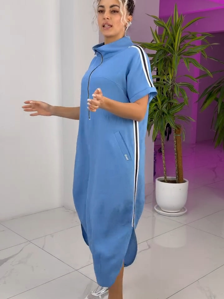 Gavrixa - Lange damesjurk met rits, hoge kraag, vloeiende snit, sportieve chique stijl, comfortabel