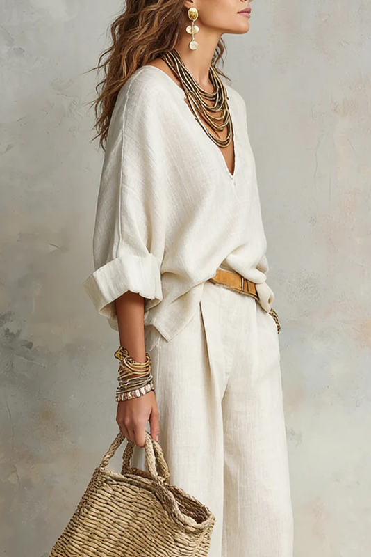 Annemarie - V-hals damesensemble met brede broek