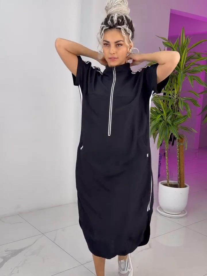 Gavrixa - Lange damesjurk met rits, hoge kraag, vloeiende snit, sportieve chique stijl, comfortabel
