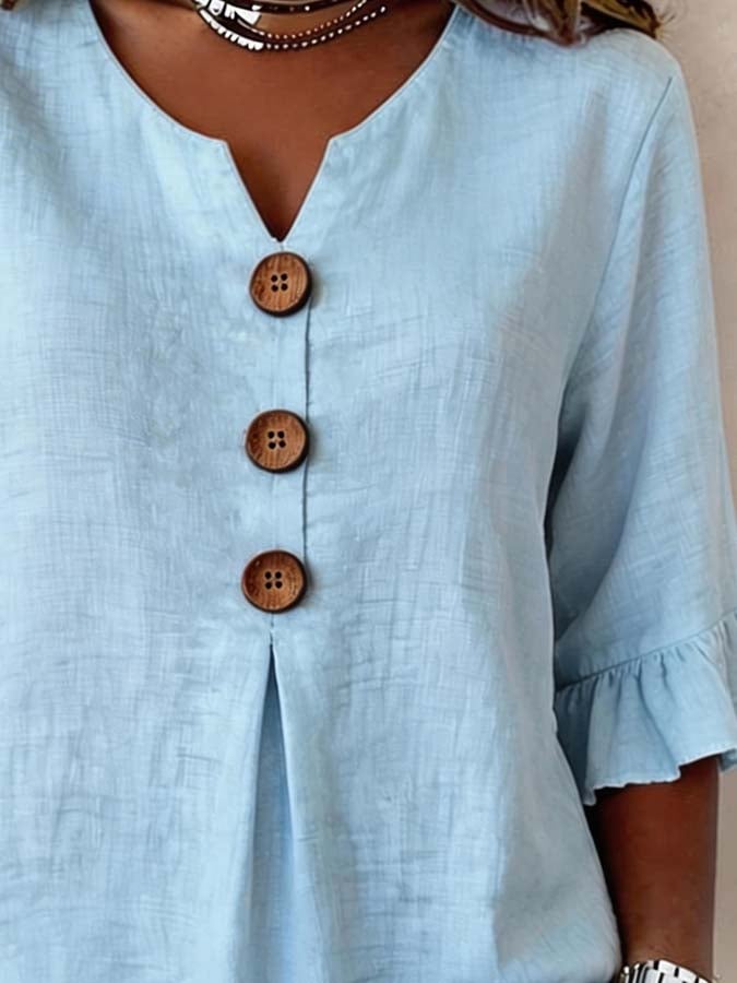 Tyvora - Dames blouse effen soepel met volantmouwen houten knopen bohemian stijl