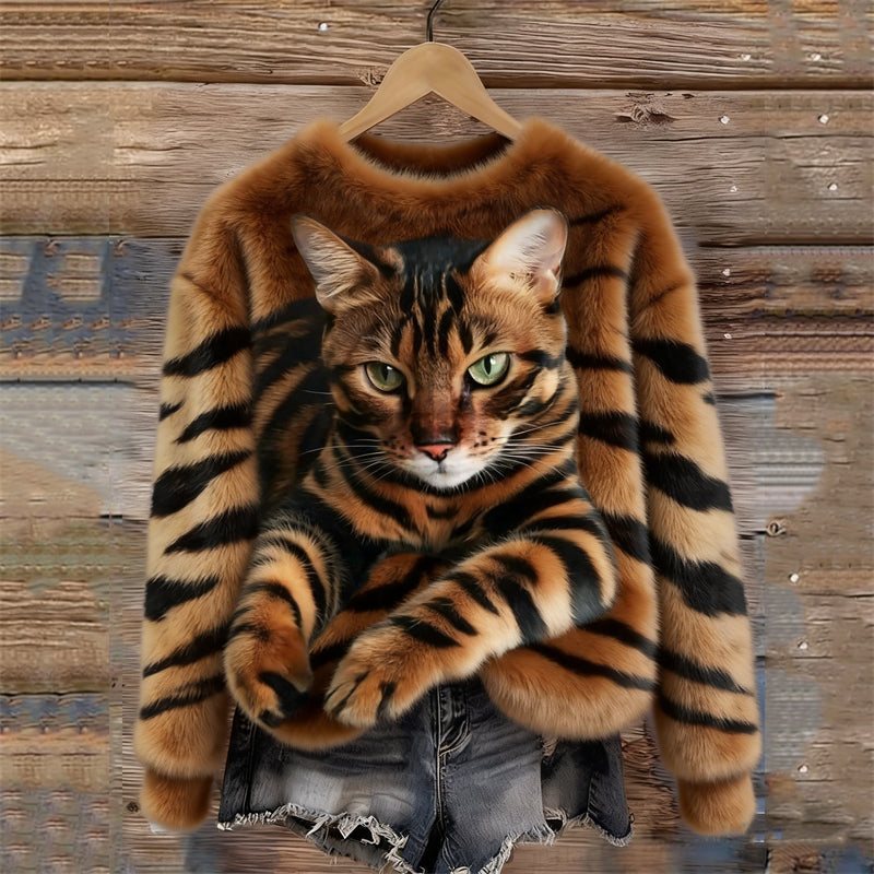 Lunavessine - Plush Sweatshirt met Tijger- en Tabbykatpatroon