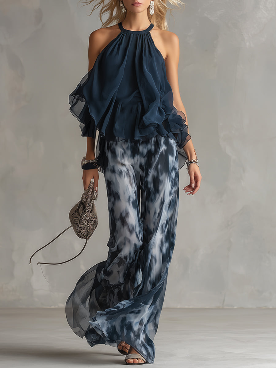 Pheronia - Dames tweedelige chiffon set met haltertop en brede broek met print