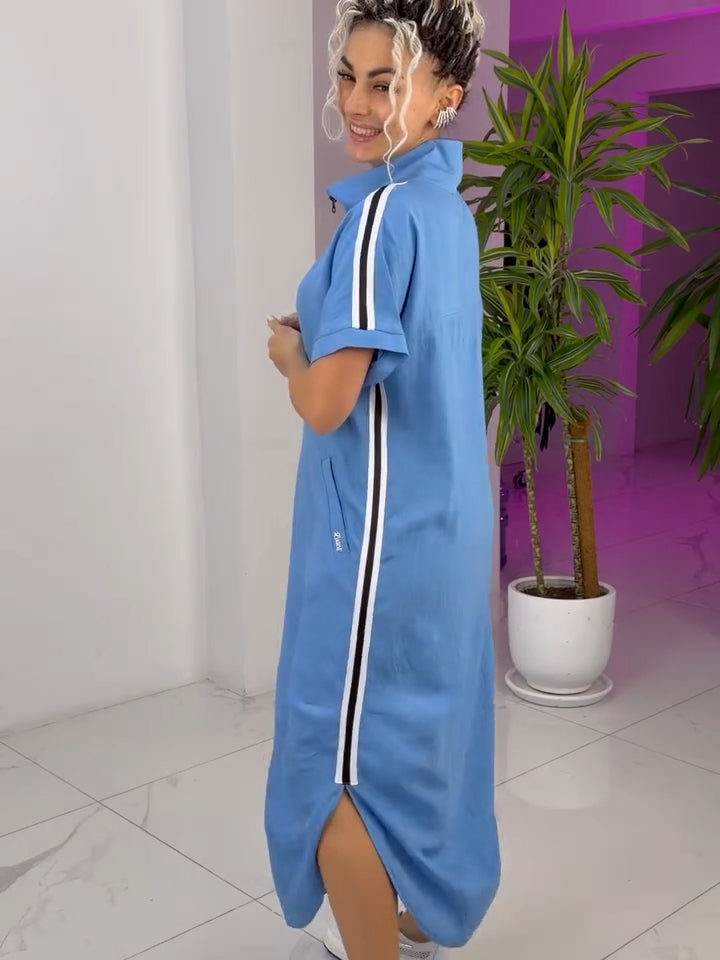Gavrixa - Lange damesjurk met rits, hoge kraag, vloeiende snit, sportieve chique stijl, comfortabel