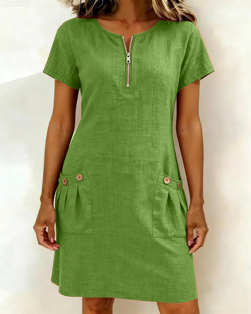 Kovira - Korte Katoenen Linnen Jurk met Rits en Zakken