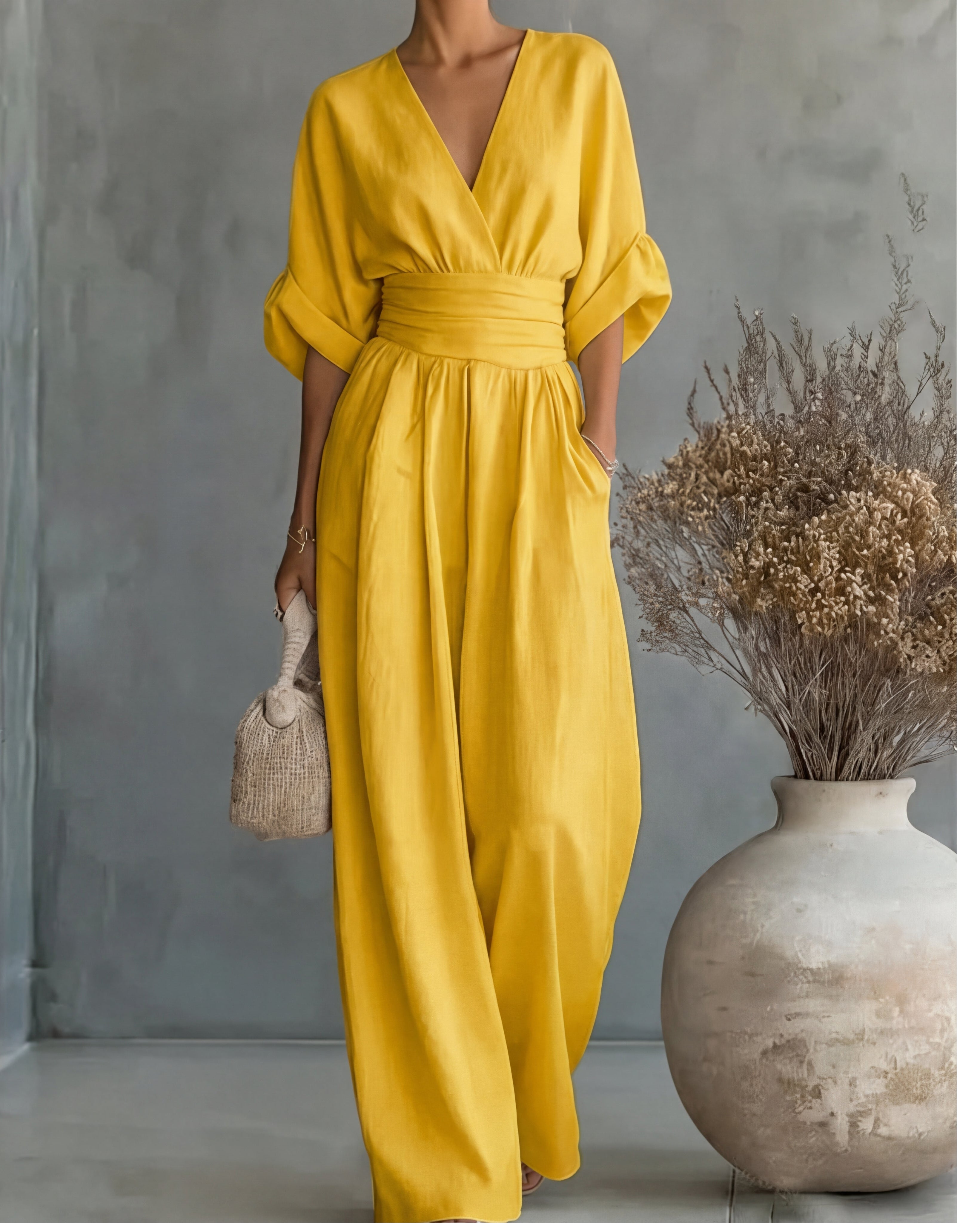 Avelissea - Dames jumpsuit met V-hals en brede, vloeiende broek
