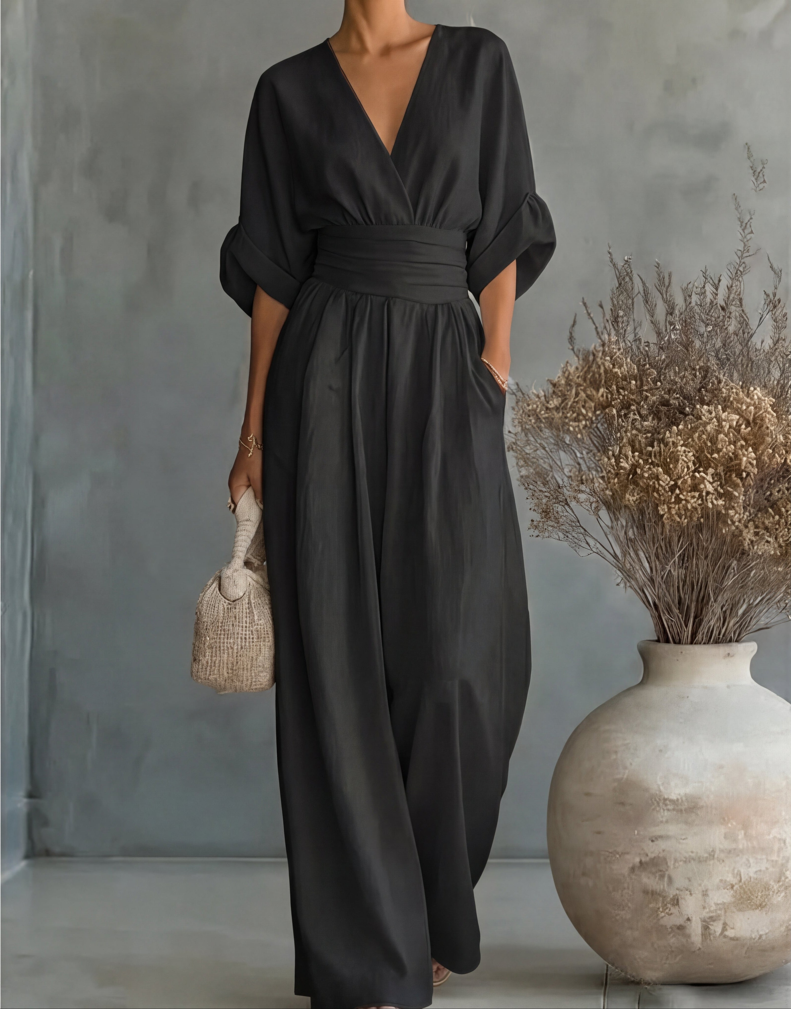 Avelissea - Dames jumpsuit met V-hals en brede, vloeiende broek