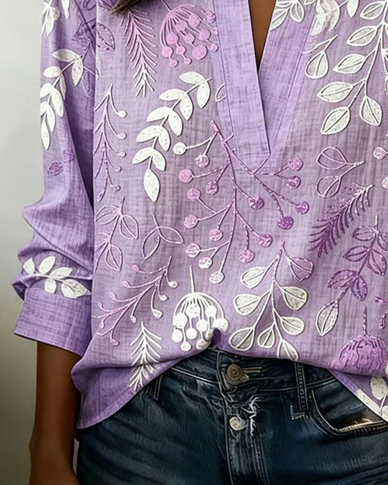 Drynora - Damesblouse met bloemenprint open kraag lange mouwen elegante stijl
