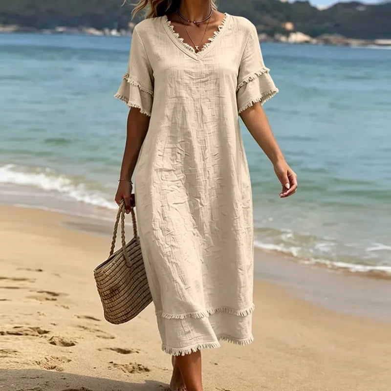 Naelle - Vrouwenjurk met V-hals en franjes in boho-stijl