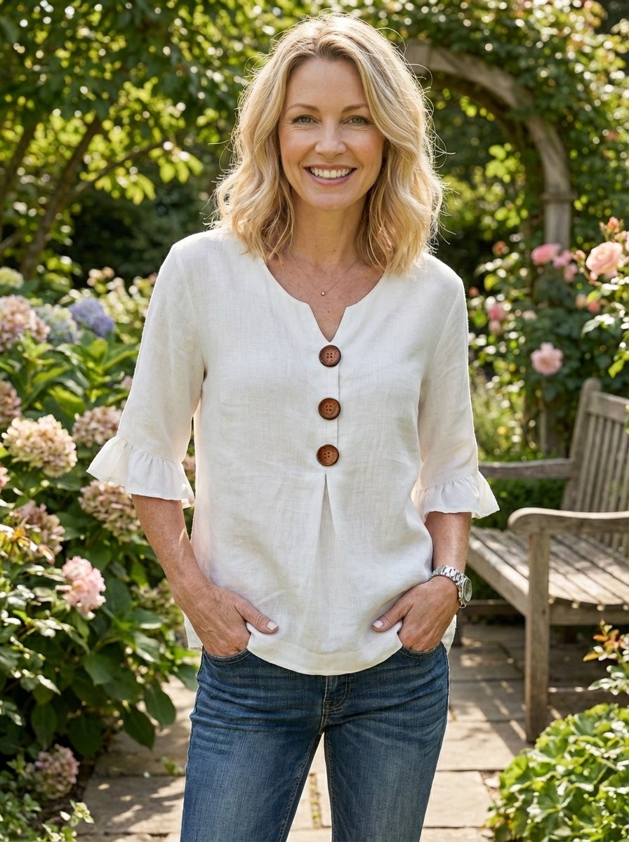 Tyvora - Dames blouse effen soepel met volantmouwen houten knopen bohemian stijl