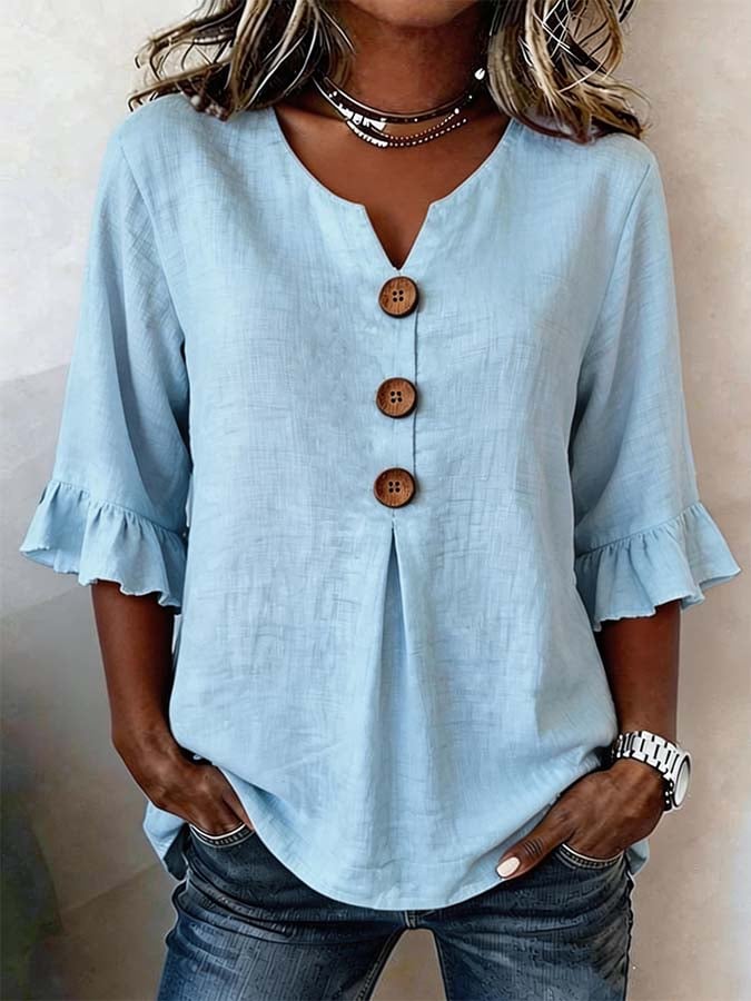 Tyvora - Dames blouse effen soepel met volantmouwen houten knopen bohemian stijl