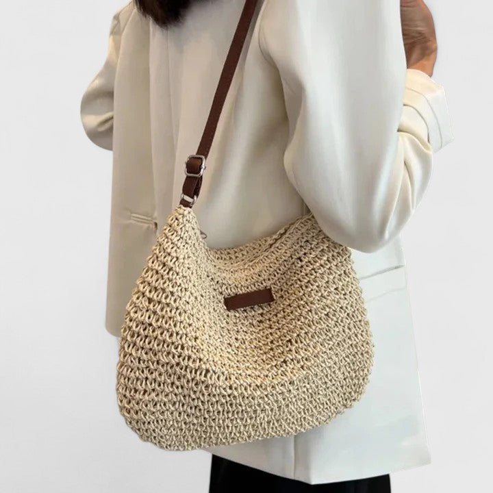 Mirelina - Dames schoudertas van gevlochten raffia in natuurlijke boho-stijl