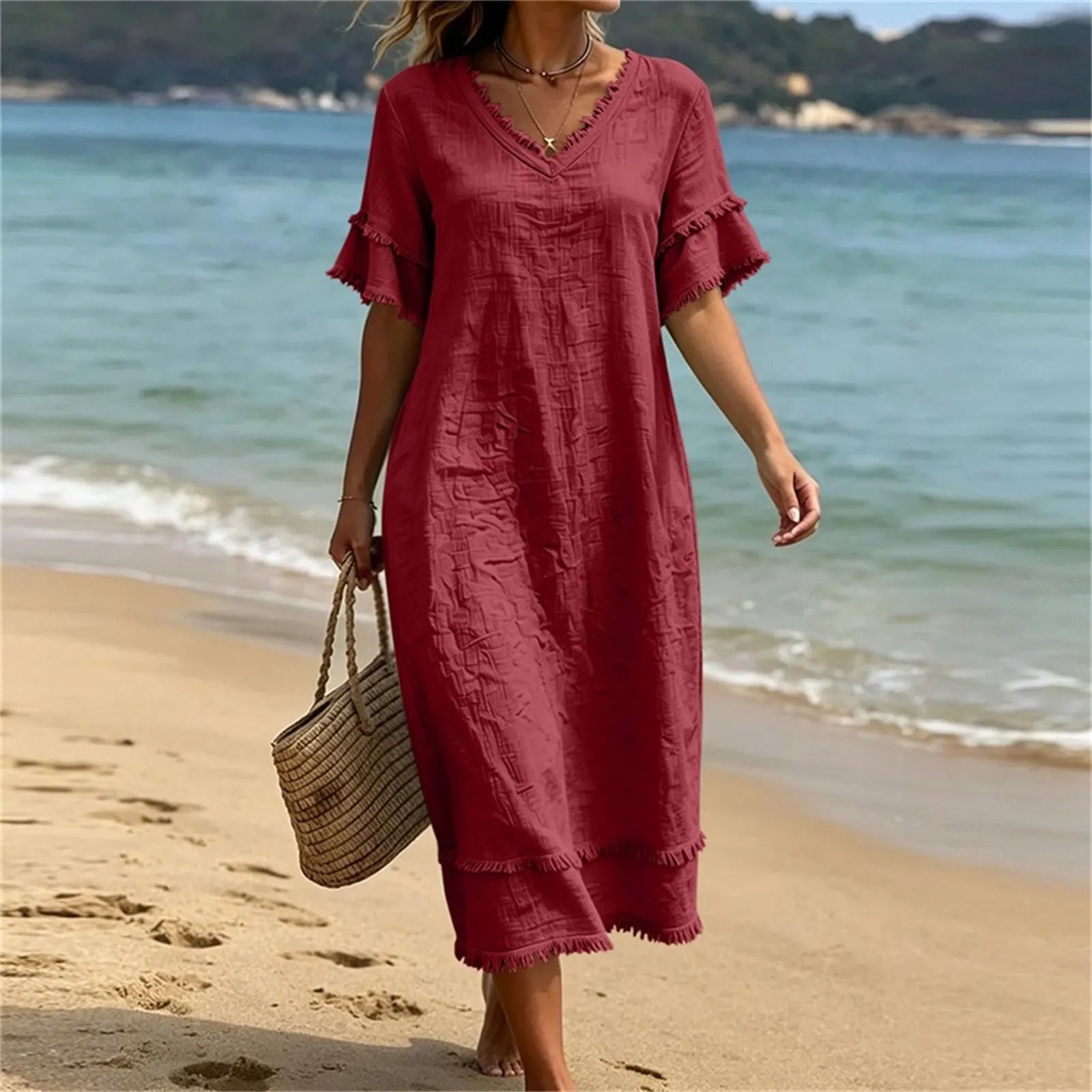 Naelle - Vrouwenjurk met V-hals en franjes in boho-stijl