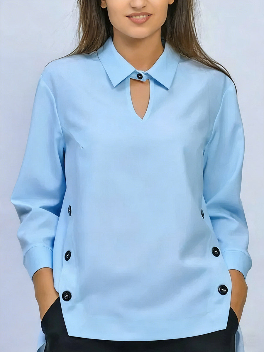 Pryxa - Damesblouse met klassieke kraag, elegante opening, lange mouwen, minimalistisch