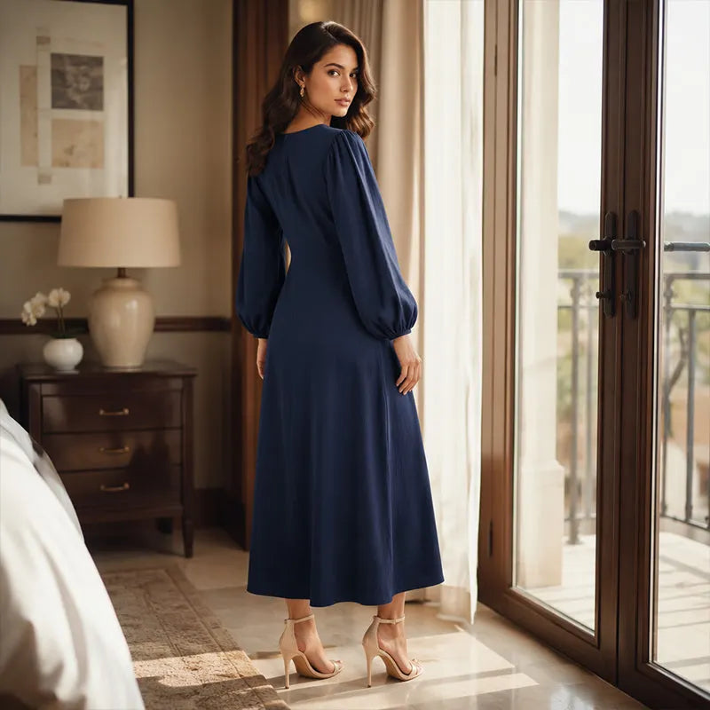 Réjane - Maxi jurk voor vrouwen met V-hals en pofmouwen