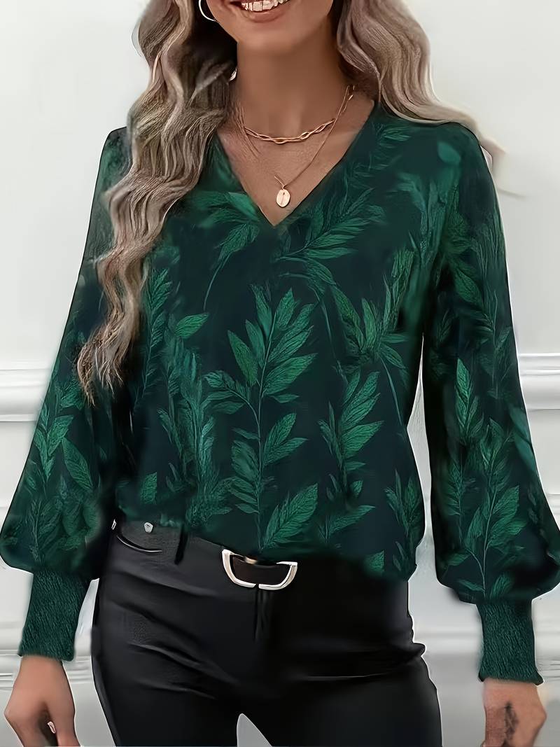 Heliviennea - Elegante Blouse met Lange Mouwen Bladerenprint