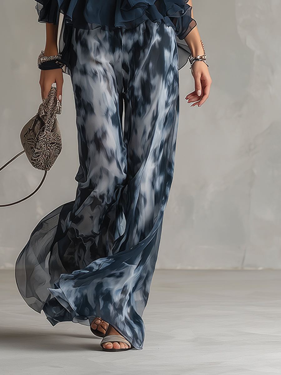 Pheronia - Dames tweedelige chiffon set met haltertop en brede broek met print