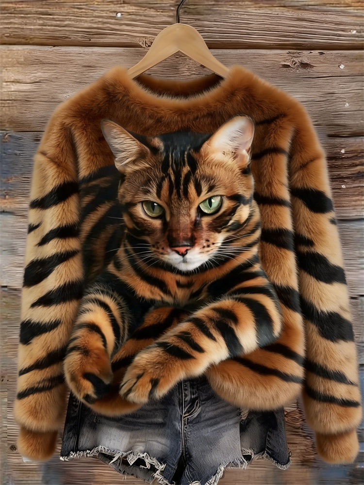 Lunavessine - Plush Sweatshirt met Tijger- en Tabbykatpatroon