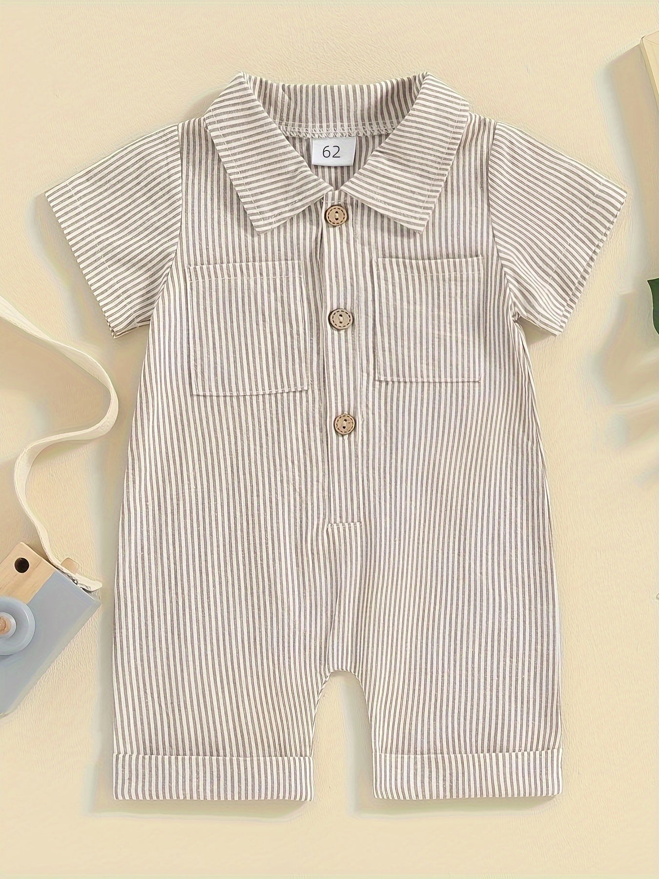 Boys' Summer Striped Print Collared Short Sleeve Bodysuit with Buttons, Perfect for Outdoor