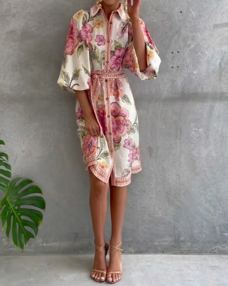 Glyssara - Elegante bloemenjurk voor dames met lantaenmouwen en knopen