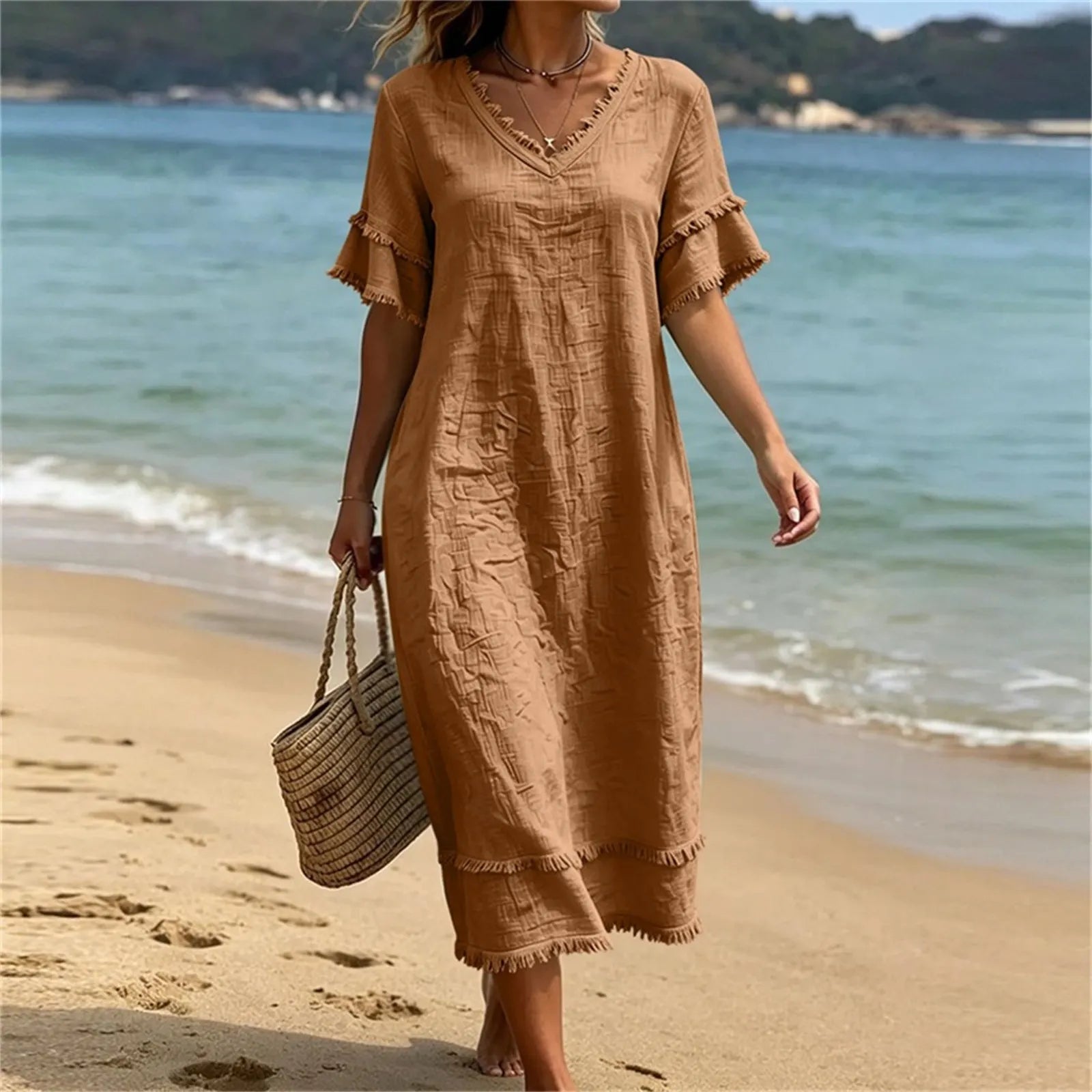 Naelle - Vrouwenjurk met V-hals en franjes in boho-stijl