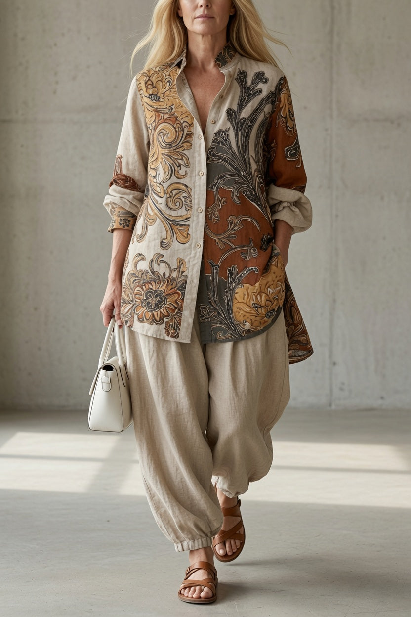 Keira - Vintage dames set met bedrukte blouse en soepelvallende broek