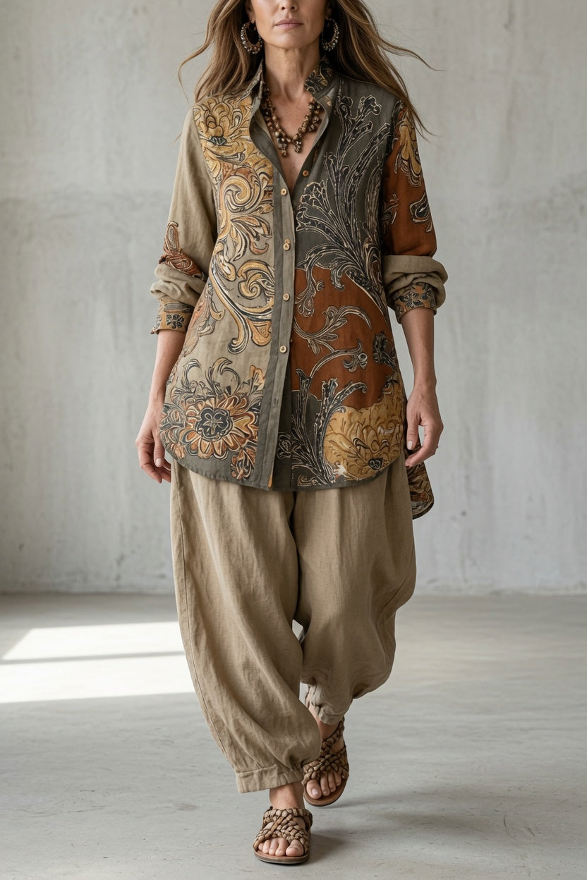 Keira - Vintage dames set met bedrukte blouse en soepelvallende broek