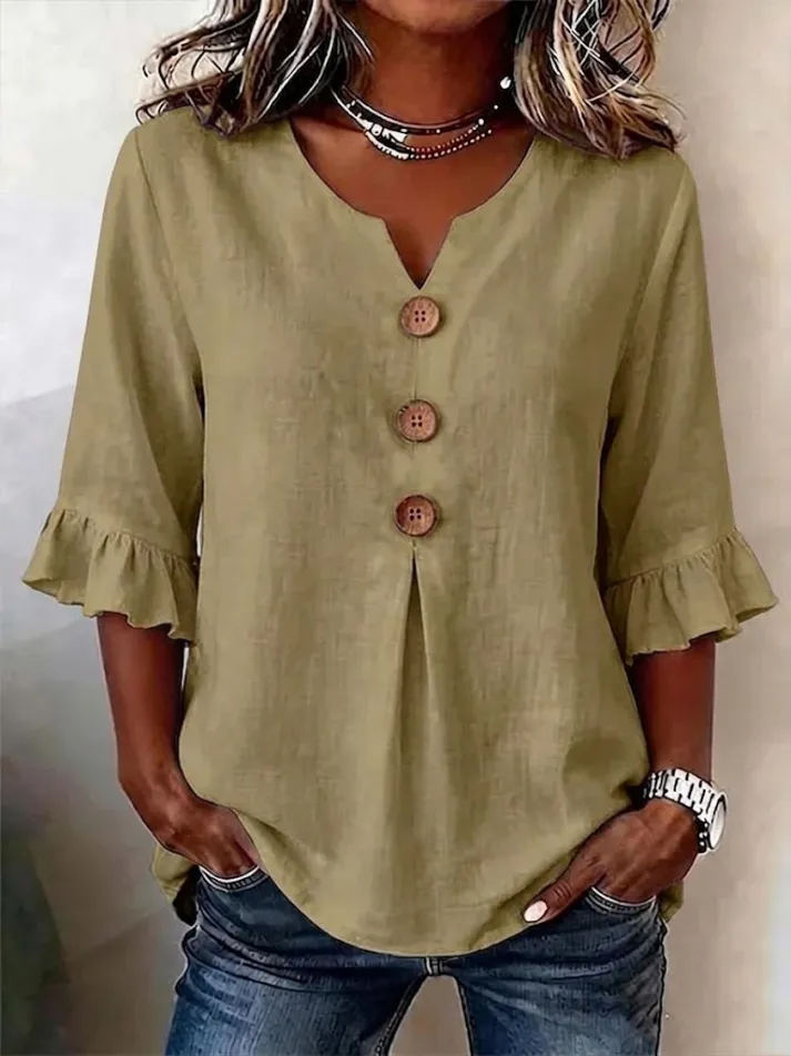 Lythra - Dames Blouse Met V-Hals Knopen Lange Mouwen Vloeiende Pasvorm