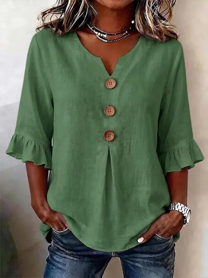 Lythra - Dames Blouse Met V-Hals Knopen Lange Mouwen Vloeiende Pasvorm