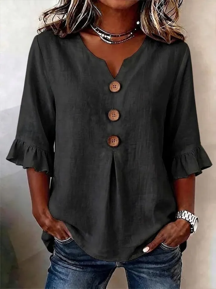 Lythra - Dames Blouse Met V-Hals Knopen Lange Mouwen Vloeiende Pasvorm