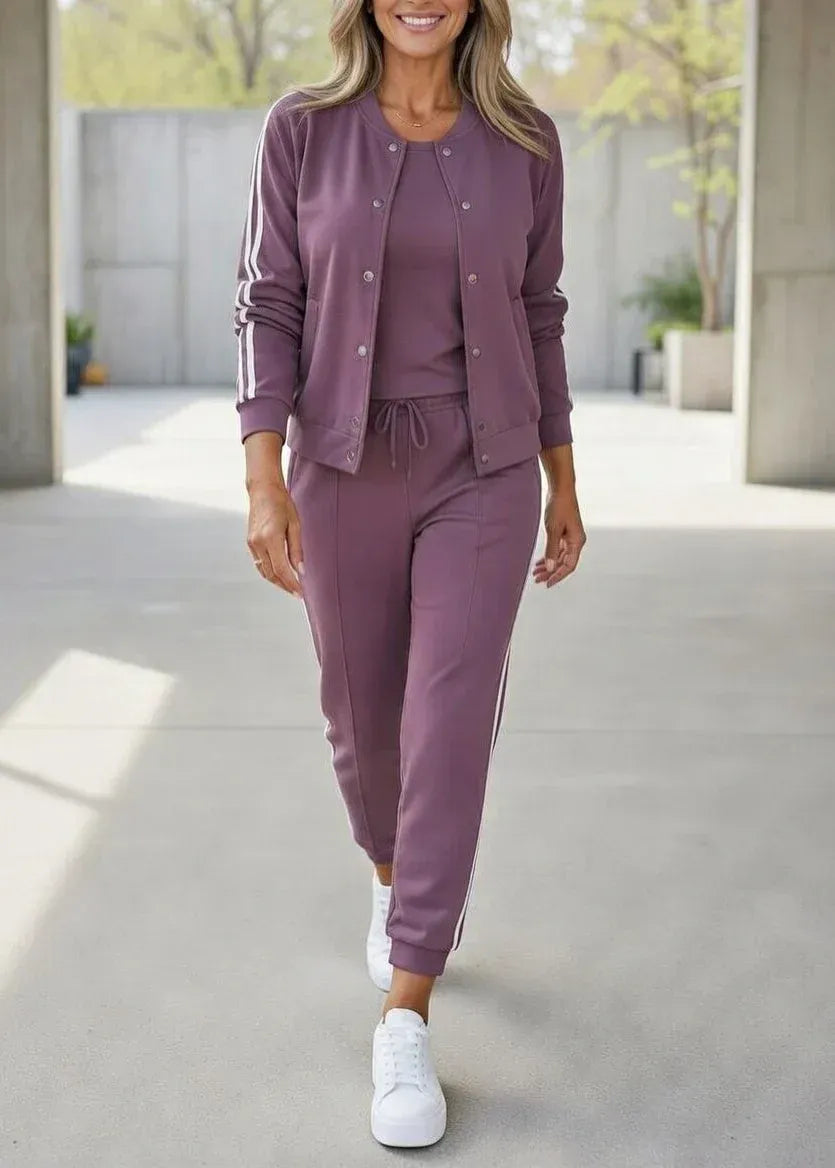 Quenith - Dames 3-Delige Set Sport Chic Jas Broek Elegante Strepen