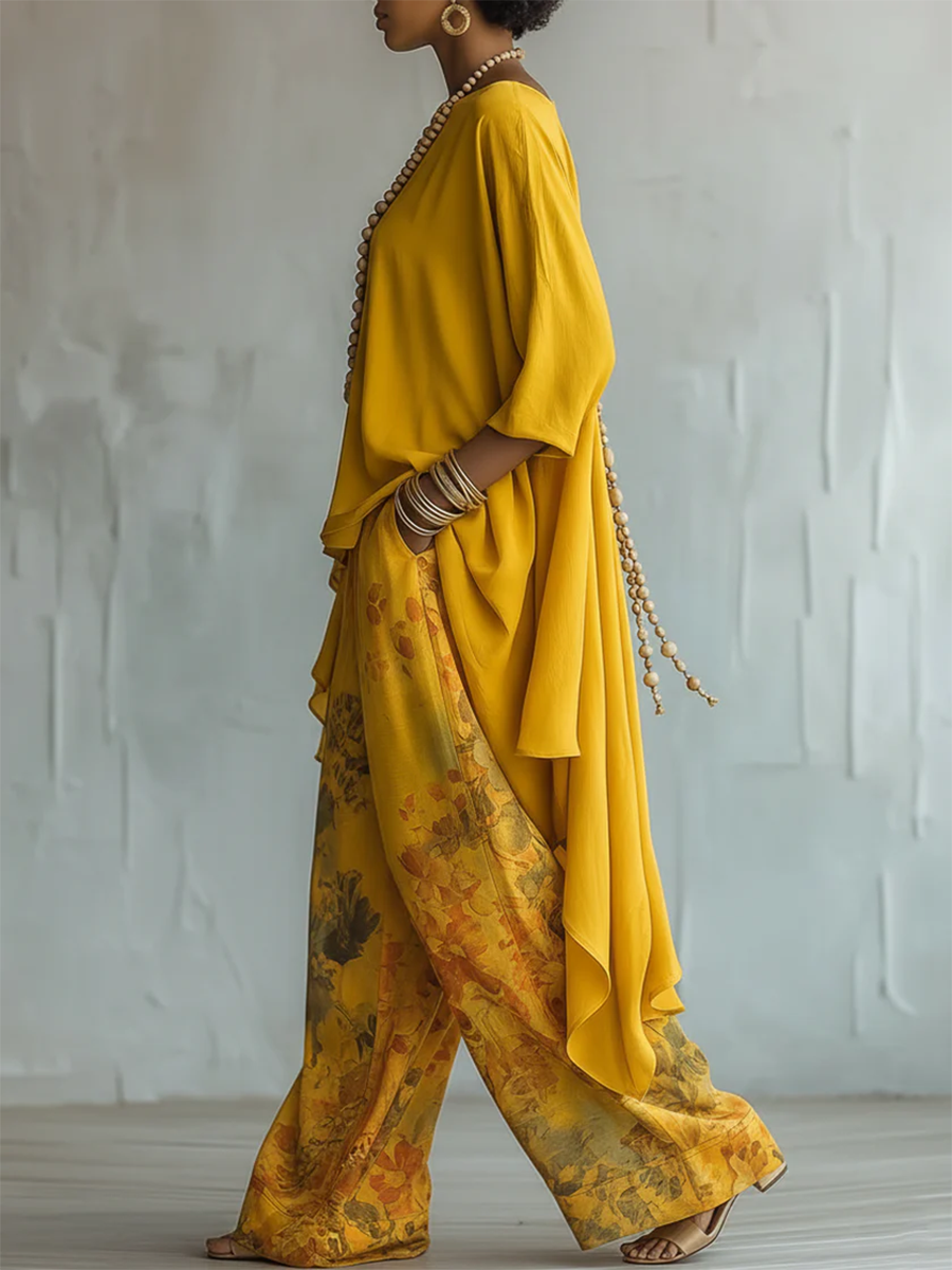 Glyndra - Boheemse damesoutfit met vloeiende bloemenbroek