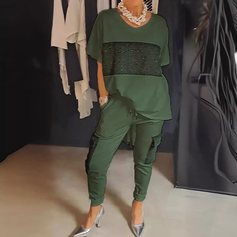 Caroline - Twee-Delige Korte Mouw Patchwork T-shirt & Broek Set