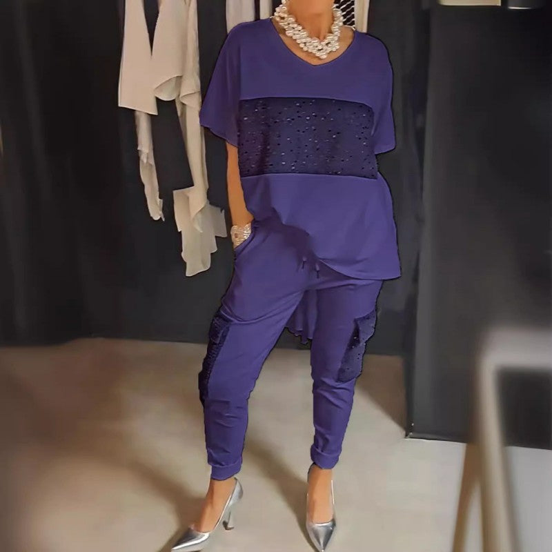 Caroline - Twee-Delige Korte Mouw Patchwork T-shirt & Broek Set