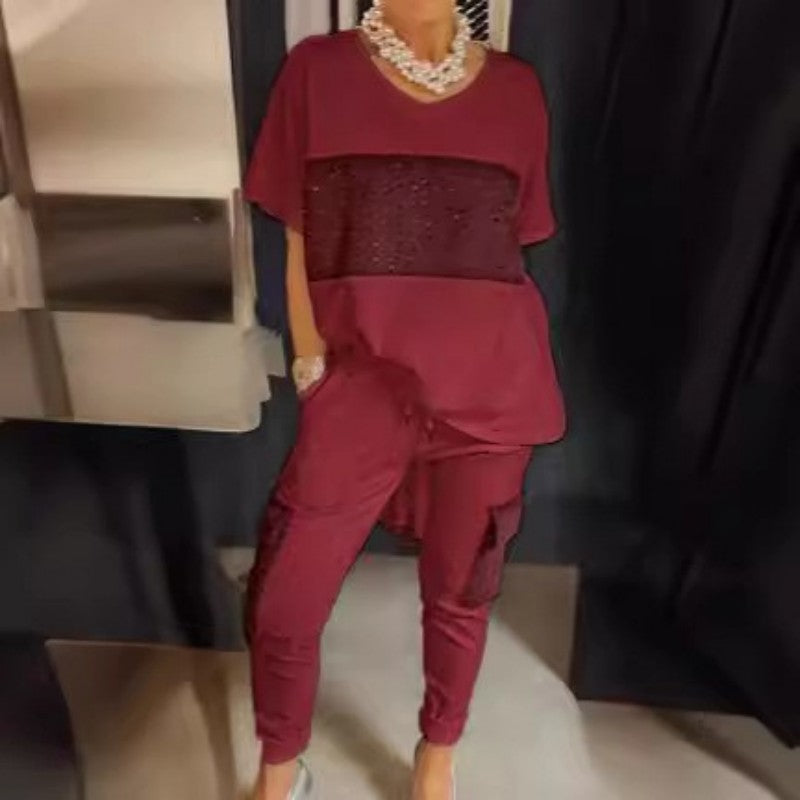 Caroline - Twee-Delige Korte Mouw Patchwork T-shirt & Broek Set