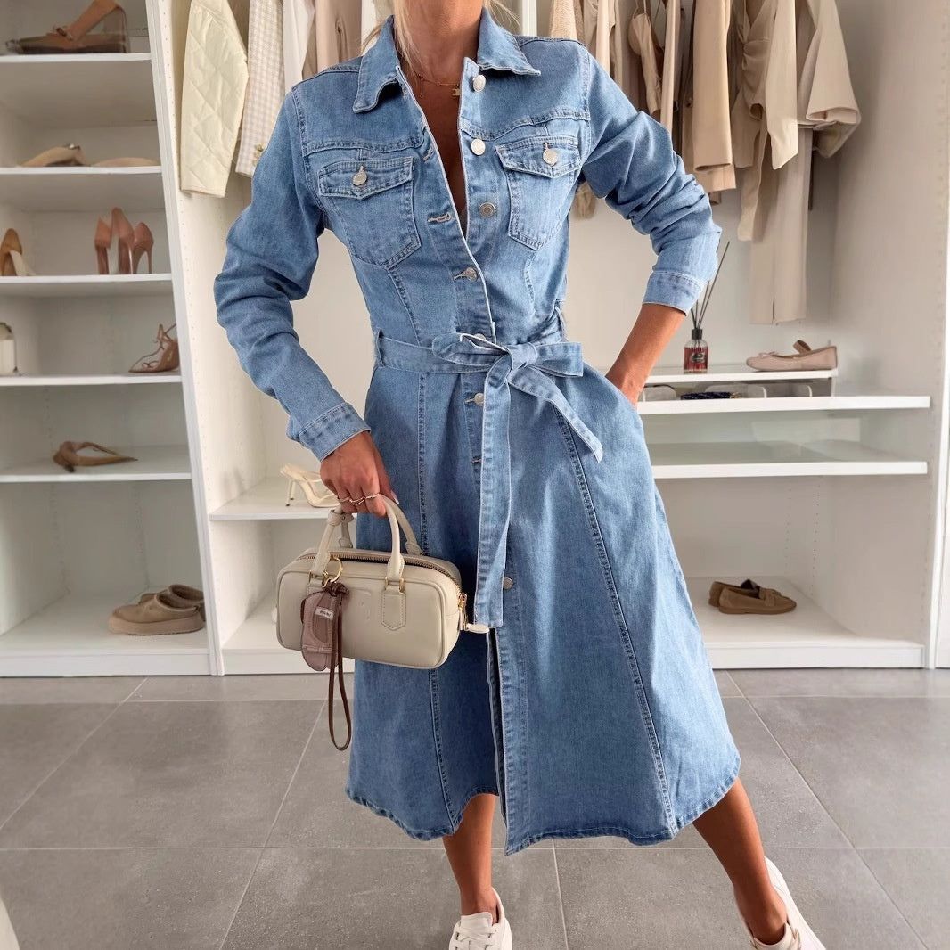 Avenyx - Dames Denim Jurk Aansluitend Met Ceintuur Moderne Veelzijdige Stijl