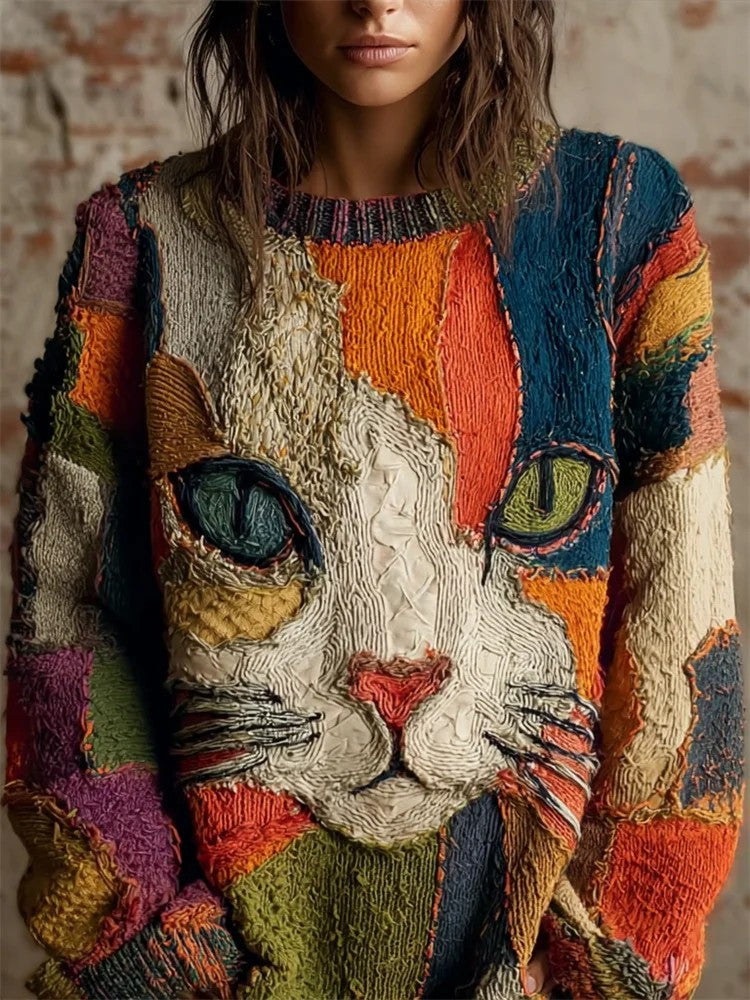 Marivelora - Vintage Trui en Breiwerk met Kunstzinnige Kattenprint
