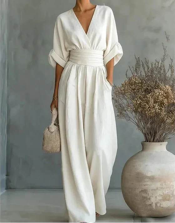 Avelissea - Dames jumpsuit met V-hals en brede, vloeiende broek